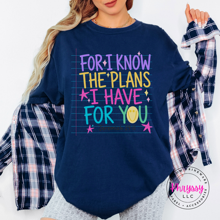 True Navy tee with the vibrant Jeremiah 29:11 for I know the plans design
