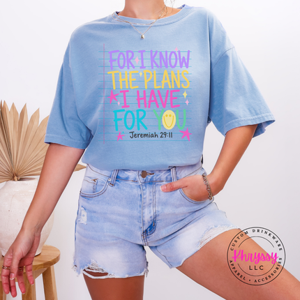 Washed Denim tee printed with the rainbow Jeremiah 29:11 faith design
