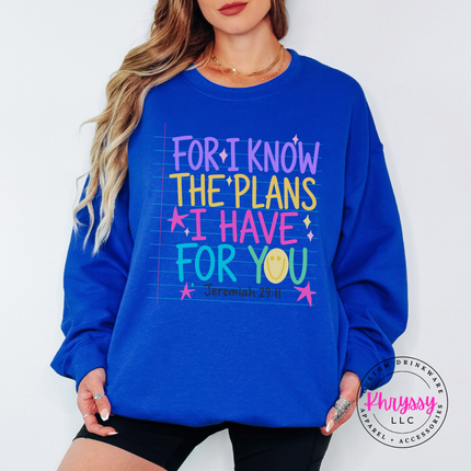 Royal Blue crewneck sweatshirt with the bright Jeremiah 29:11 faith design