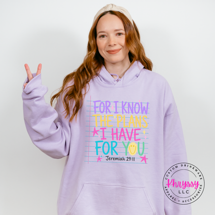 Woman wearing an Orchid hoodie with the colorful Jeremiah 29:11 design