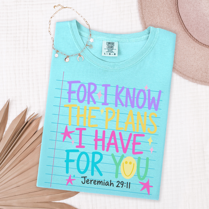 Chalky Mint tee featuring the bright Jeremiah 29:11 notebook paper scripture design