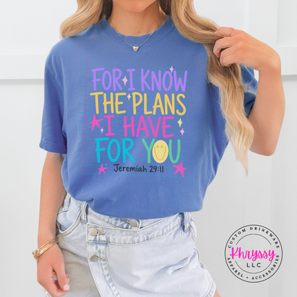 Woman wearing a Fluorescent Blue tee with the colorful Jeremiah 29:11 verse
