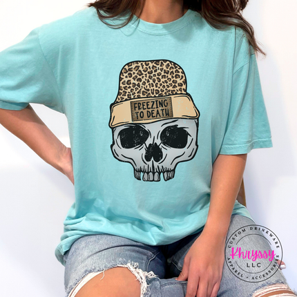 Chalky Mint tee featuring a skull wearing a leopard knit beanie.