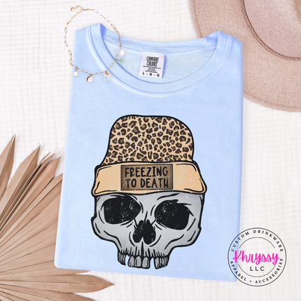 Hydrangea tee with a skull in a leopard beanie, Freezing To Death.