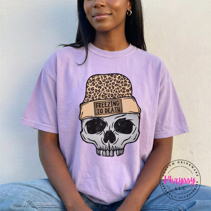 Woman wearing the Freezing To Death skull tee in Orchid.