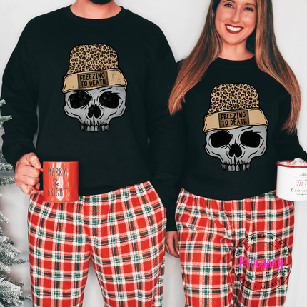 Black crewneck sweatshirt with a skull in a leopard beanie, Freezing To Death.