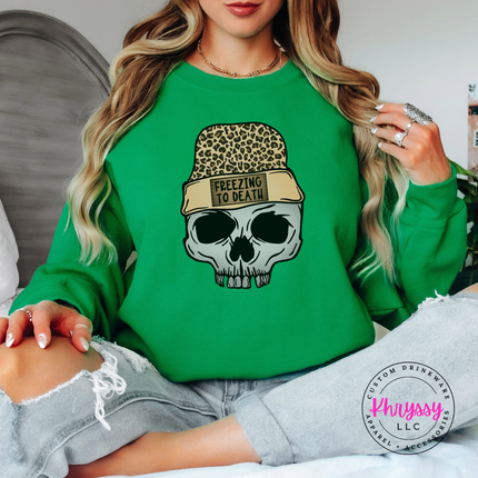 Irish Green crewneck sweatshirt featuring a skull wearing a leopard knit beanie.