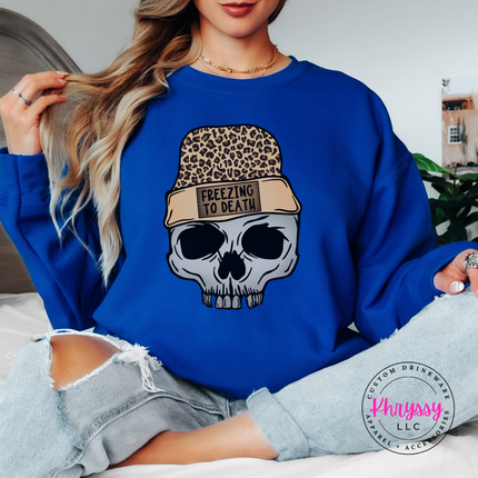 Freezing To Death skull and leopard beanie design on a Royal crewneck sweatshirt.