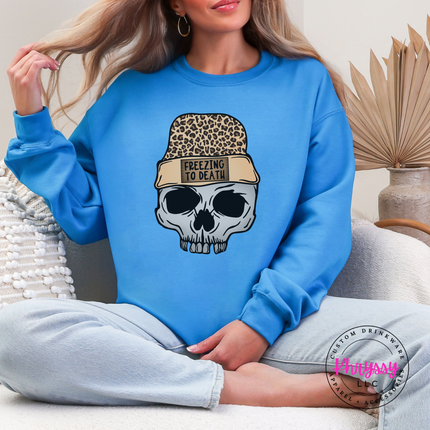 apphire crewneck sweatshirt featuring a skull wearing a leopard knit beanie.