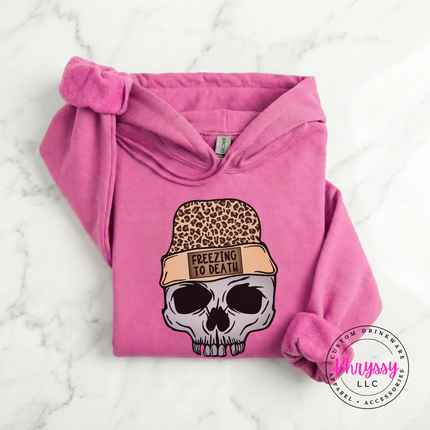 Azalea hoodie with a skull in a leopard beanie, Freezing To Death.