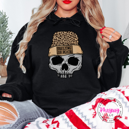 Freezing To Death skull and leopard beanie design on a Black hoodie.