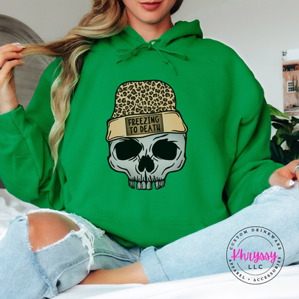 Irish Green hoodie featuring a skull wearing a leopard knit beanie.