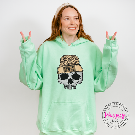 Mint Green hoodie with a skull in a leopard beanie, Freezing To Death.