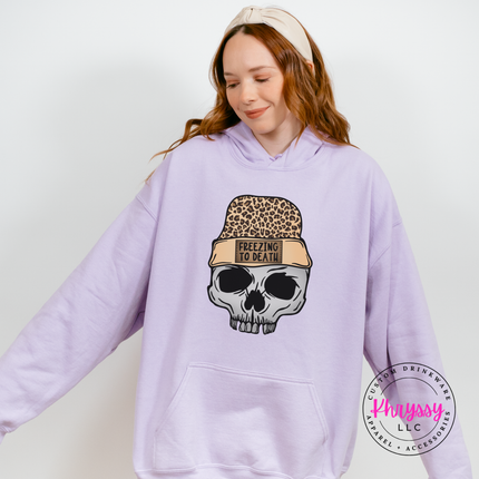 Freezing To Death skull and leopard beanie design on an Orchid hoodie.
