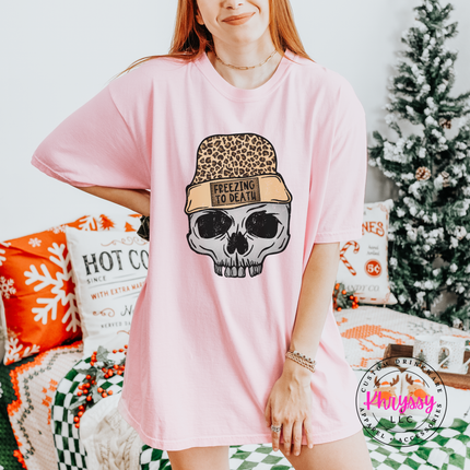 Freezing To Death skull and leopard beanie design on a Blossom tee.