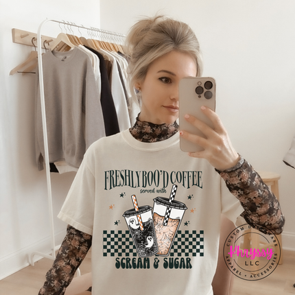 Ivory garment-dyed tee styled for fall with a Halloween coffee print.