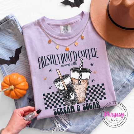 Orchid tee with the Freshly Boo'd Coffee spooky coffee cups print