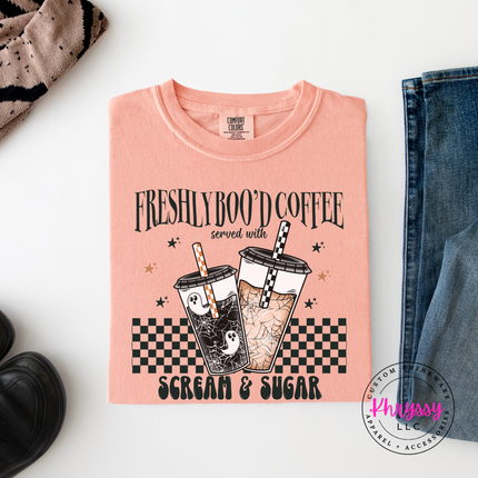 Peachy tee with the scream and sugar checkered Halloween coffee graphic