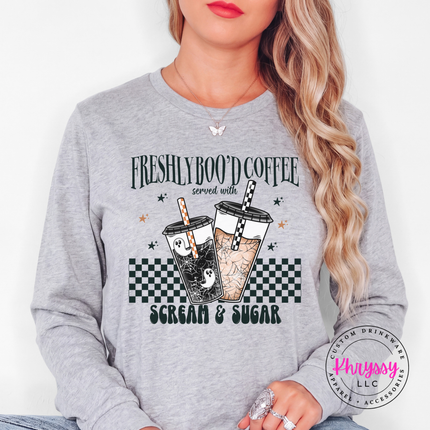 Athletic Heather long sleeve tee with the Freshly Boo'd Coffee scream and sugar graphic