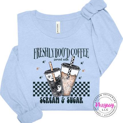 Baby Blue long sleeve tee with the ghost iced coffee Halloween design