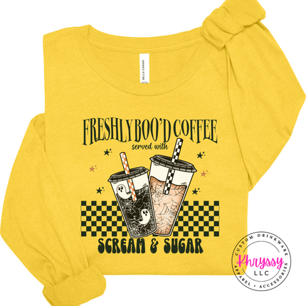 Heather Yellow Gold long sleeve tee with the Freshly Boo'd Coffee spooky coffee cups print