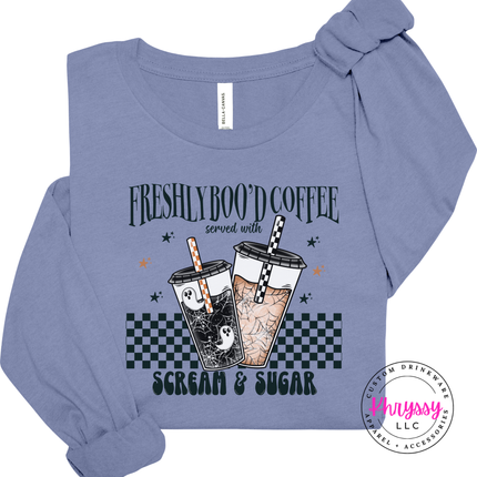 Lavender Blue long sleeve tee with the scream and sugar checkered Halloween coffee graphic