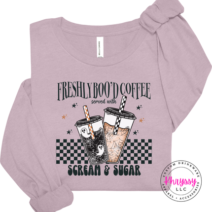 Light Violet long sleeve tee with the Freshly Boo'd Coffee scream and sugar graphic