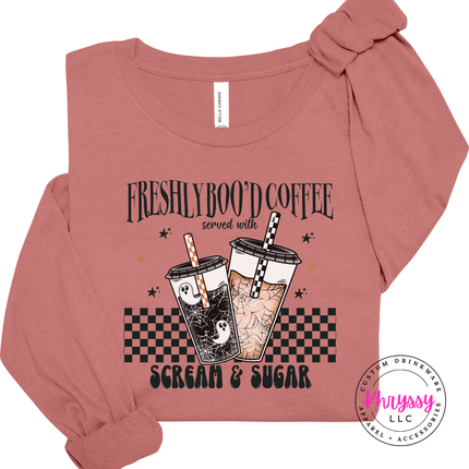 Mauve long sleeve tee with the ghost iced coffee Halloween design