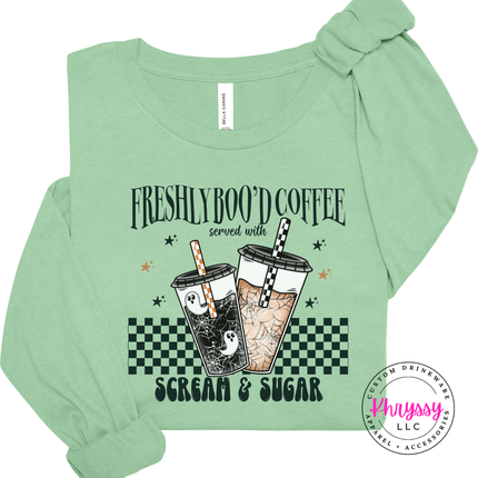 Mint long sleeve tee with the Freshly Boo'd Coffee spooky coffee cups print