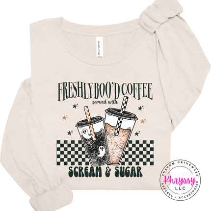 Natural long sleeve tee with the scream and sugar checkered Halloween coffee graphic