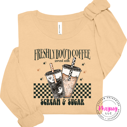Sand Dune long sleeve tee with the ghost iced coffee Halloween design