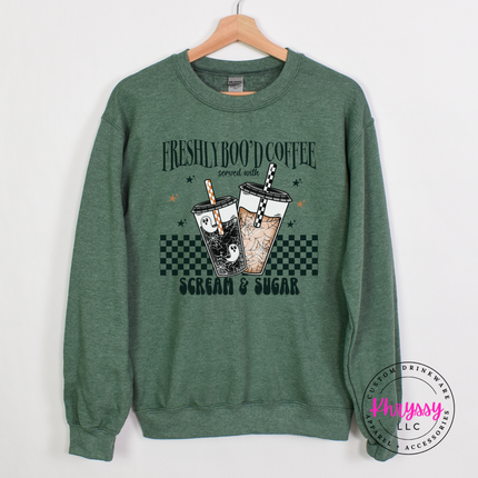 Heather Sport Dark Green crewneck sweatshirt with the scream and sugar checkered Halloween coffee graphic