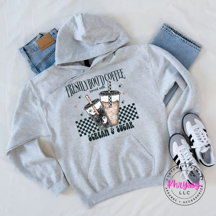 Ash heavyweight hoodie with a Halloween coffee cup graphic.