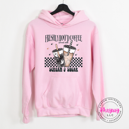 Light Pink hoodie with the Freshly Boo'd Coffee scream and sugar graphic