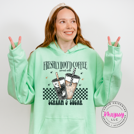 Mint Green hoodie with the ghost iced coffee Halloween design
