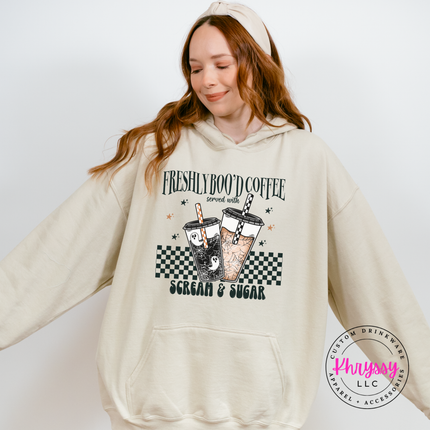 Sand heavyweight hoodie styled for fall with a Freshly Boo'd Coffee graphic.