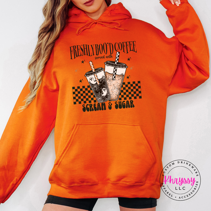 Orange hoodie with the Freshly Boo'd Coffee spooky coffee cups print