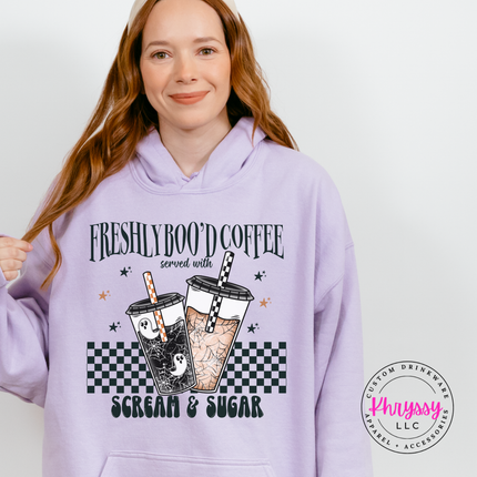 Orchid hoodie with the scream and sugar checkered Halloween coffee graphic