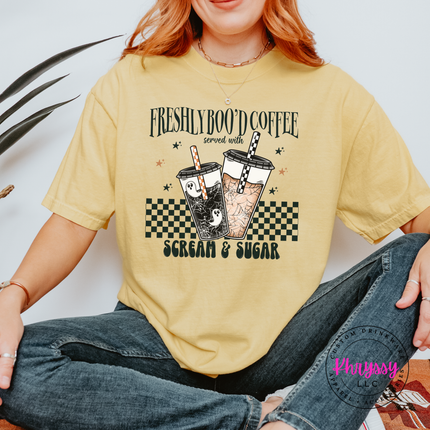 Butter tee with the Freshly Boo'd Coffee spooky coffee cups print