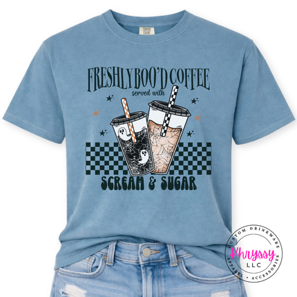 Ice Blue tee with the Freshly Boo'd Coffee scream and sugar graphic