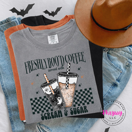 Gray tee with the scream and sugar checkered Halloween coffee graphic