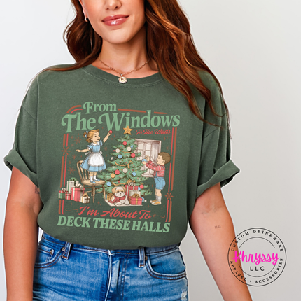 Hemp tee with the retro Christmas kids decorating the tree print