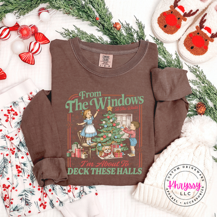 Espresso long sleeve tee with the I'm about to deck these halls holiday graphic