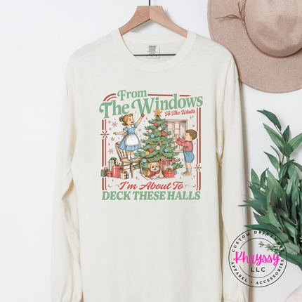 Ivory long sleeve tee with the vintage deck these halls Christmas tree design
