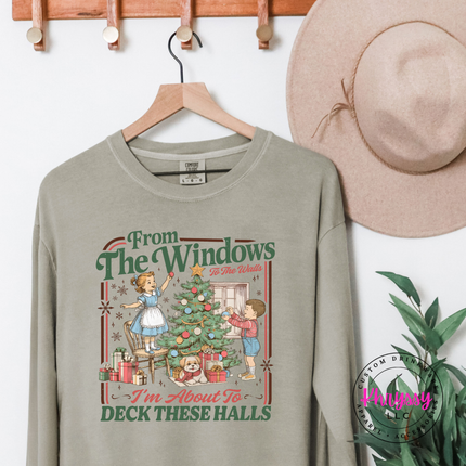 Khaki long sleeve tee with the retro Christmas kids decorating the tree print