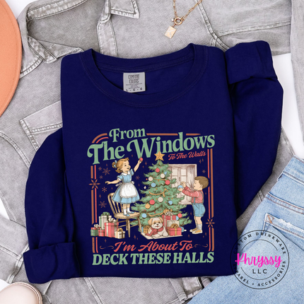 True Navy long sleeve tee with the retro Christmas kids decorating the tree print