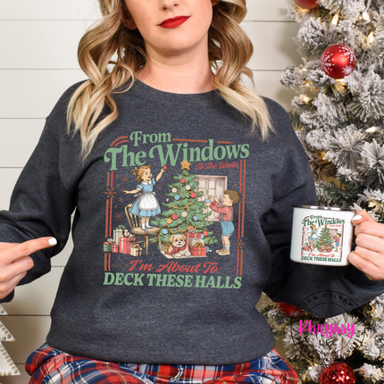 Dark Heather crewneck sweatshirt with the From The Windows To The Walls Christmas graphic