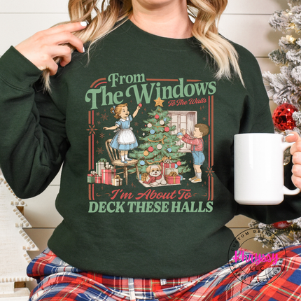 Forest crewneck sweatshirt with the vintage deck these halls Christmas tree design