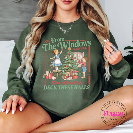 Military Green crewneck sweatshirt with the From The Windows To The Walls Christmas graphic