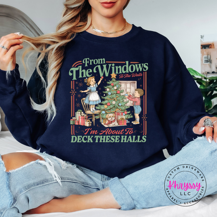 Navy crewneck sweatshirt with the vintage deck these halls Christmas tree design